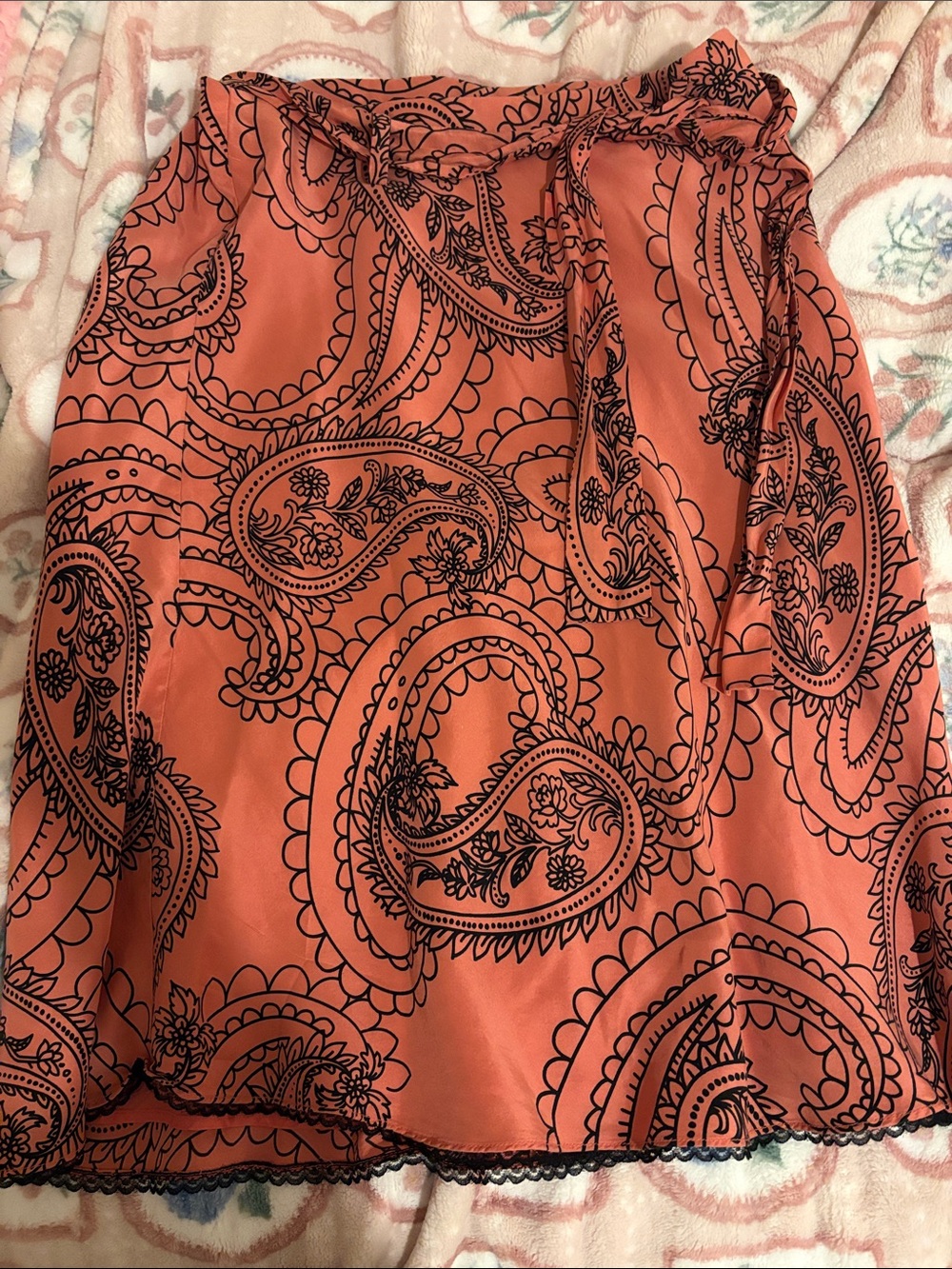 Coral Paisley Print Skirt with Black Trim